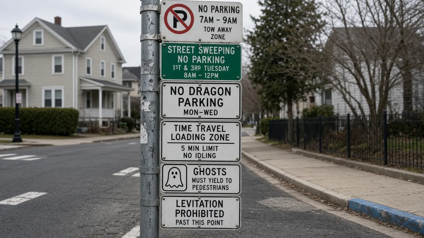 Municipal sign pole covered in official-looking absurd regulations, shot in flat overcast daylight