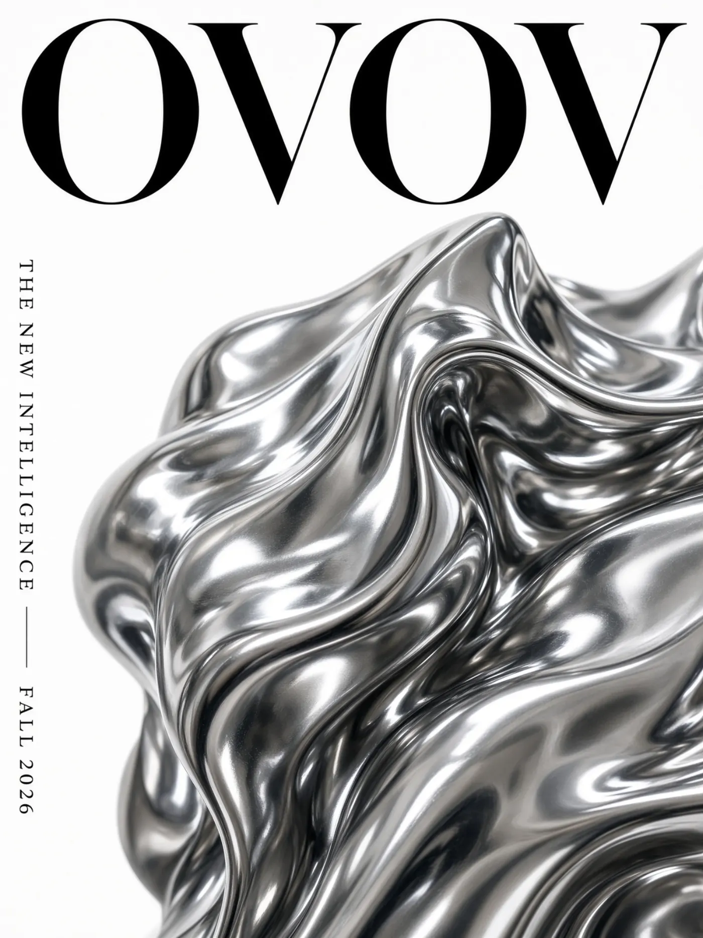 Fashion magazine cover with a liquid silver sculpture and the OVOV masthead