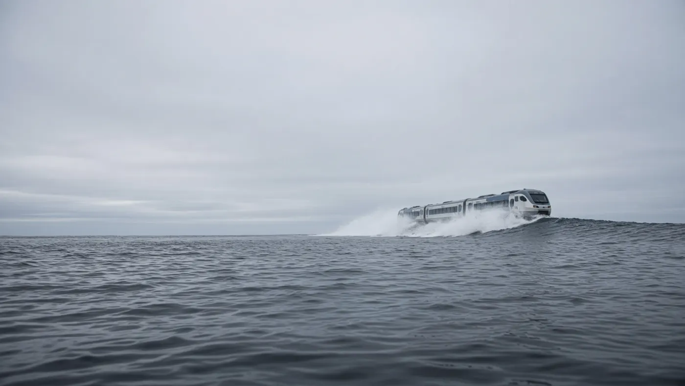 A passenger train running along the crest of an ocean wave, low-angle documentary shot