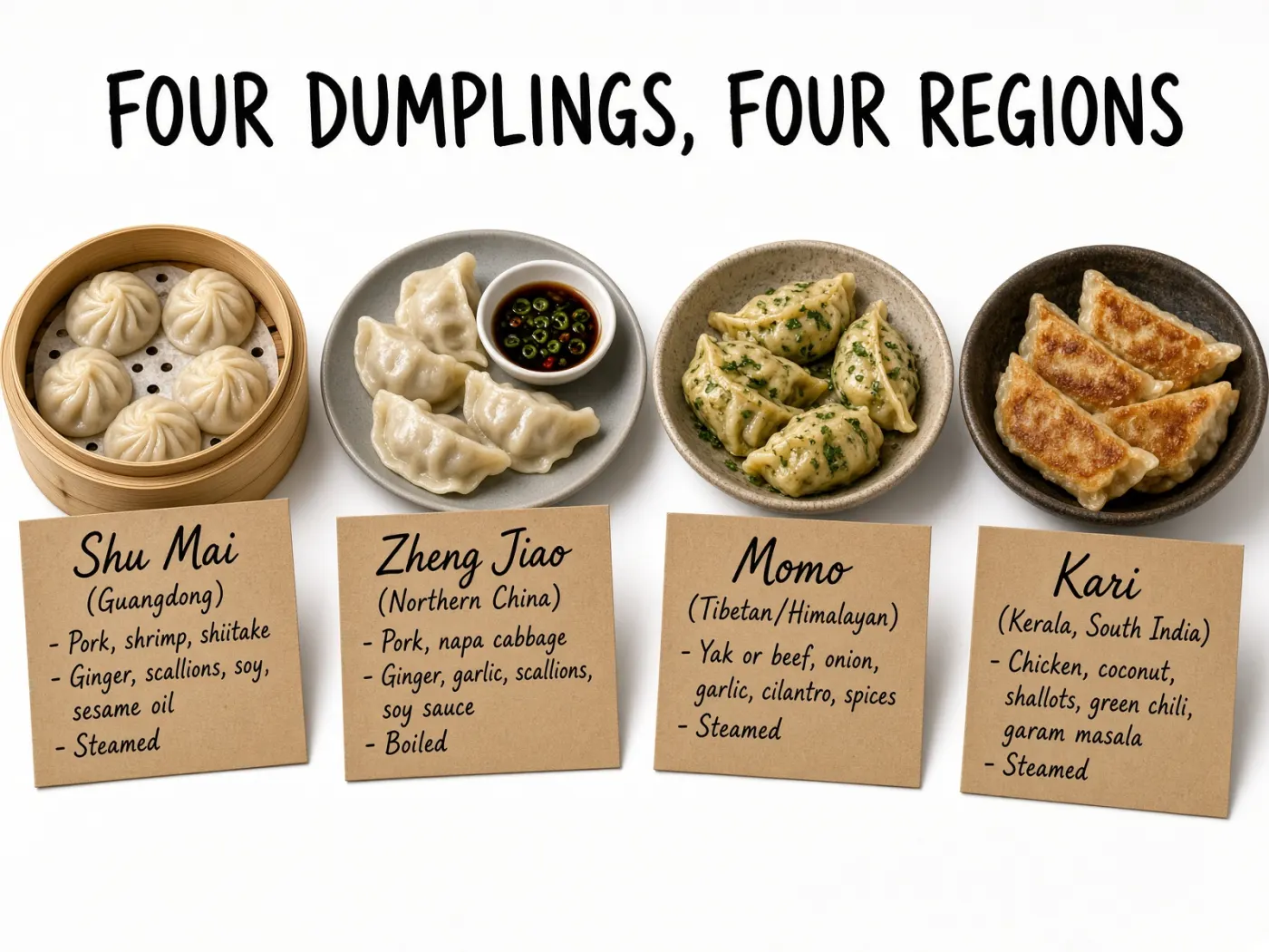 Four regional dumplings on white, each with a handwritten recipe card