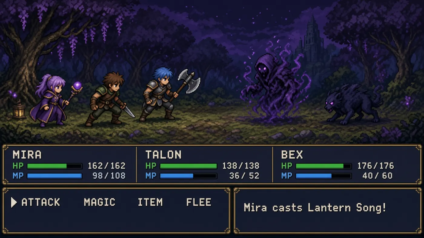 16-bit RPG battle screen with party stats, command menu and battle log