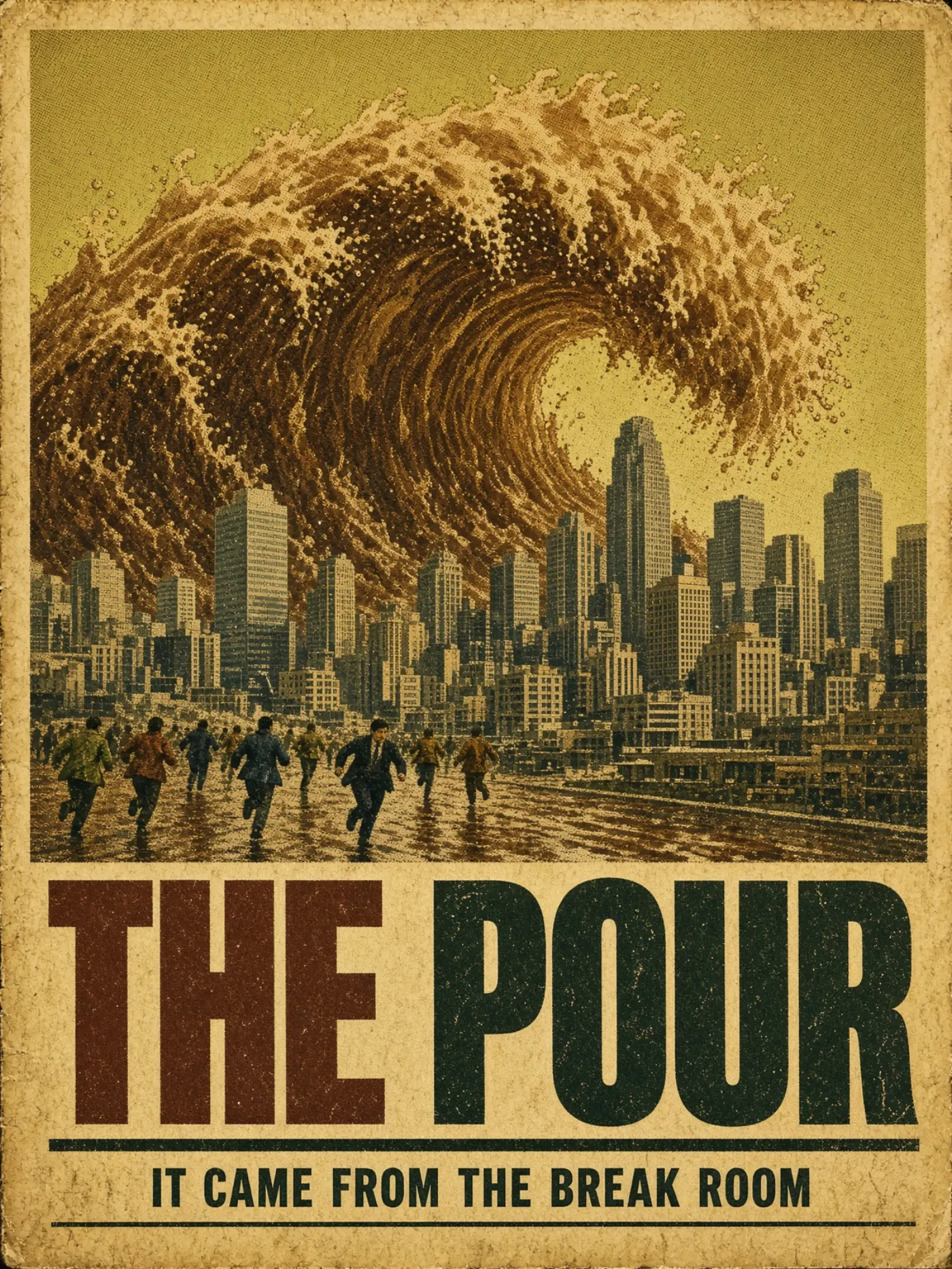 Vintage 1970s disaster-movie poster titled THE POUR, offset-printed on yellowed stock