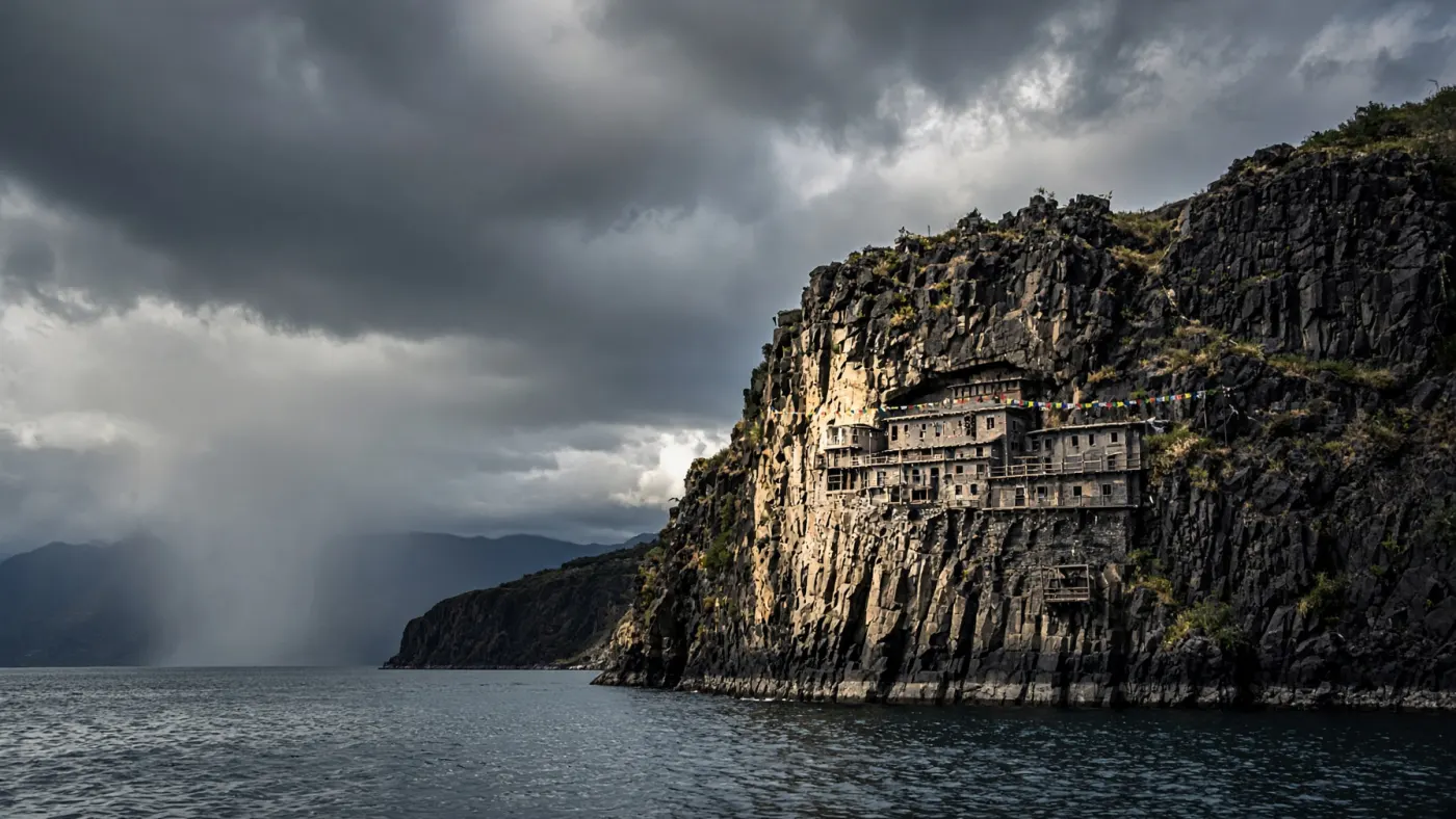 Cliffside monastery carved into black basalt, seen across a fjord before a storm