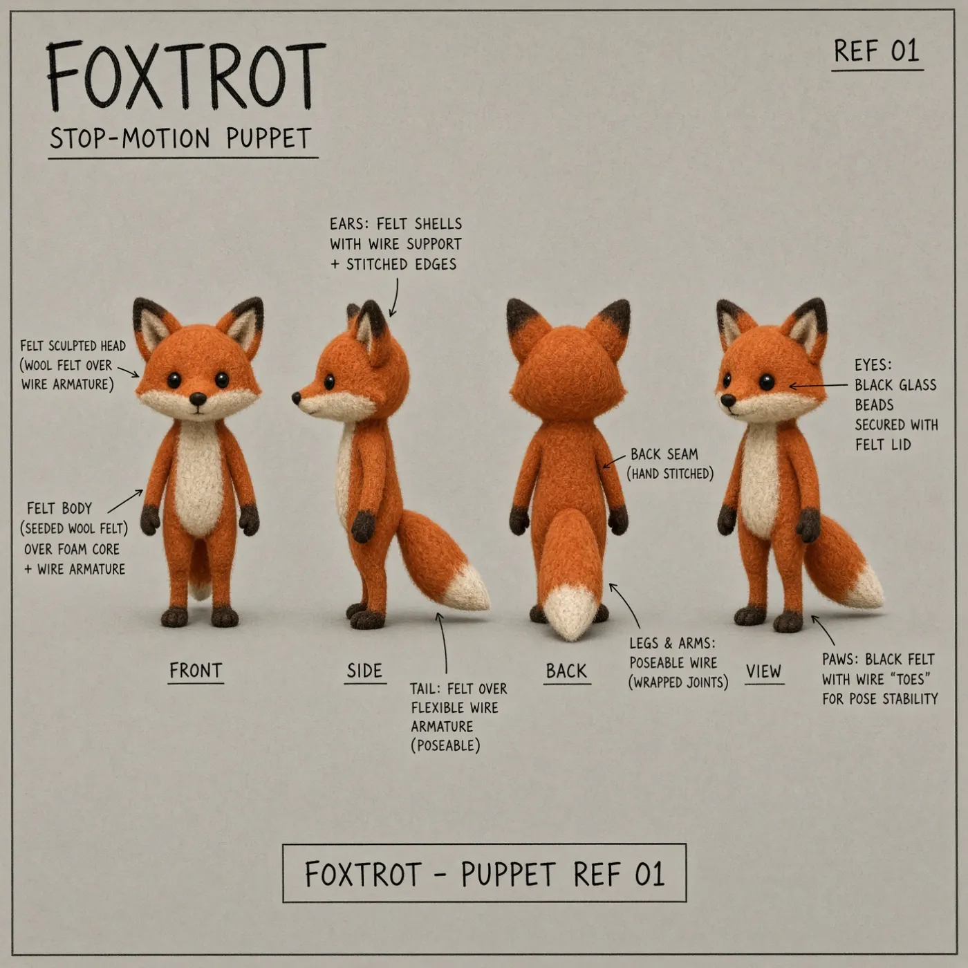 Stop-motion fox puppet reference sheet with four views and construction annotations