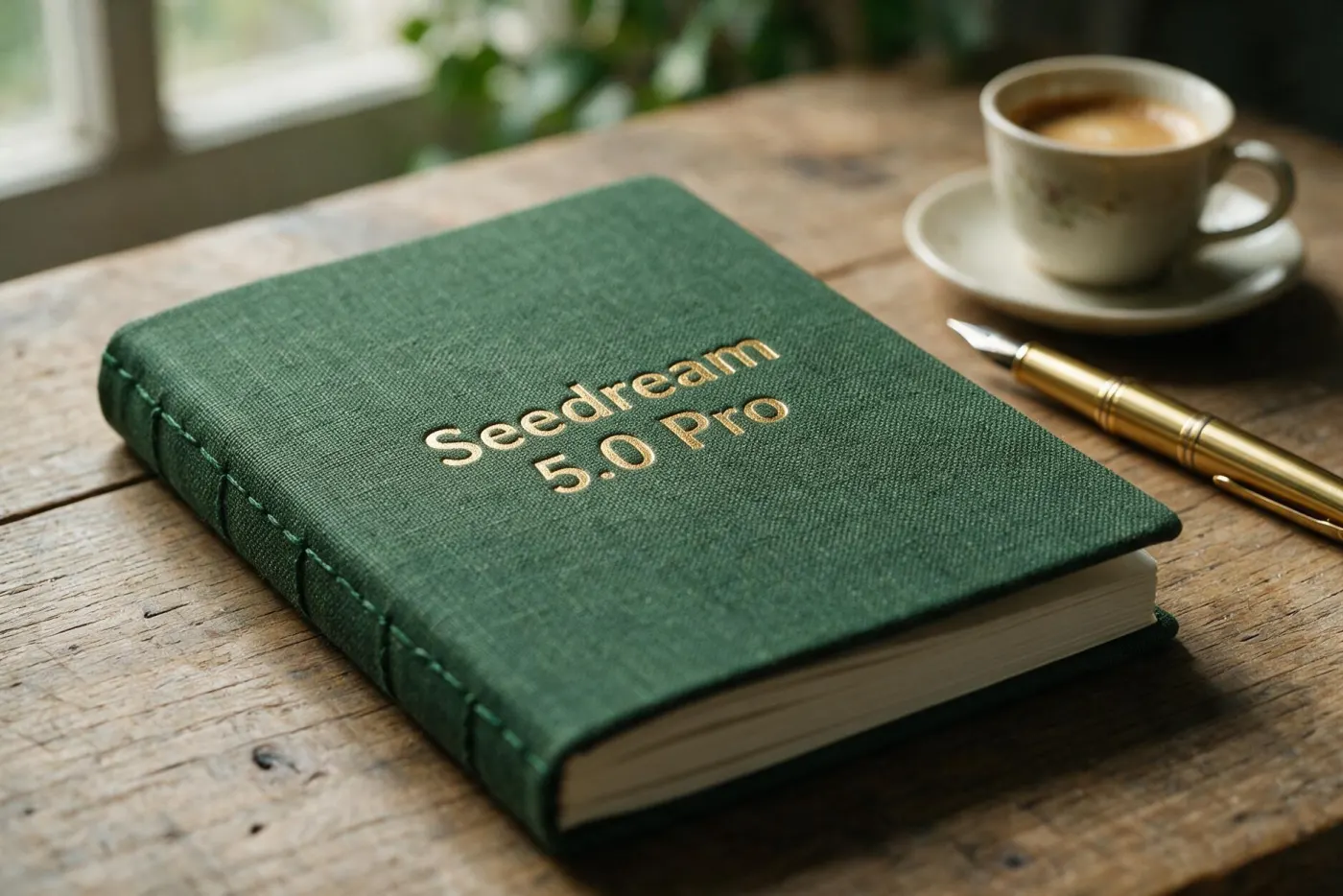 دفتر مغلف بالكتان بحروف مذهّبة تقرأ Seedream 5.0 Pro على مكتب من خشب البلوط العتيق