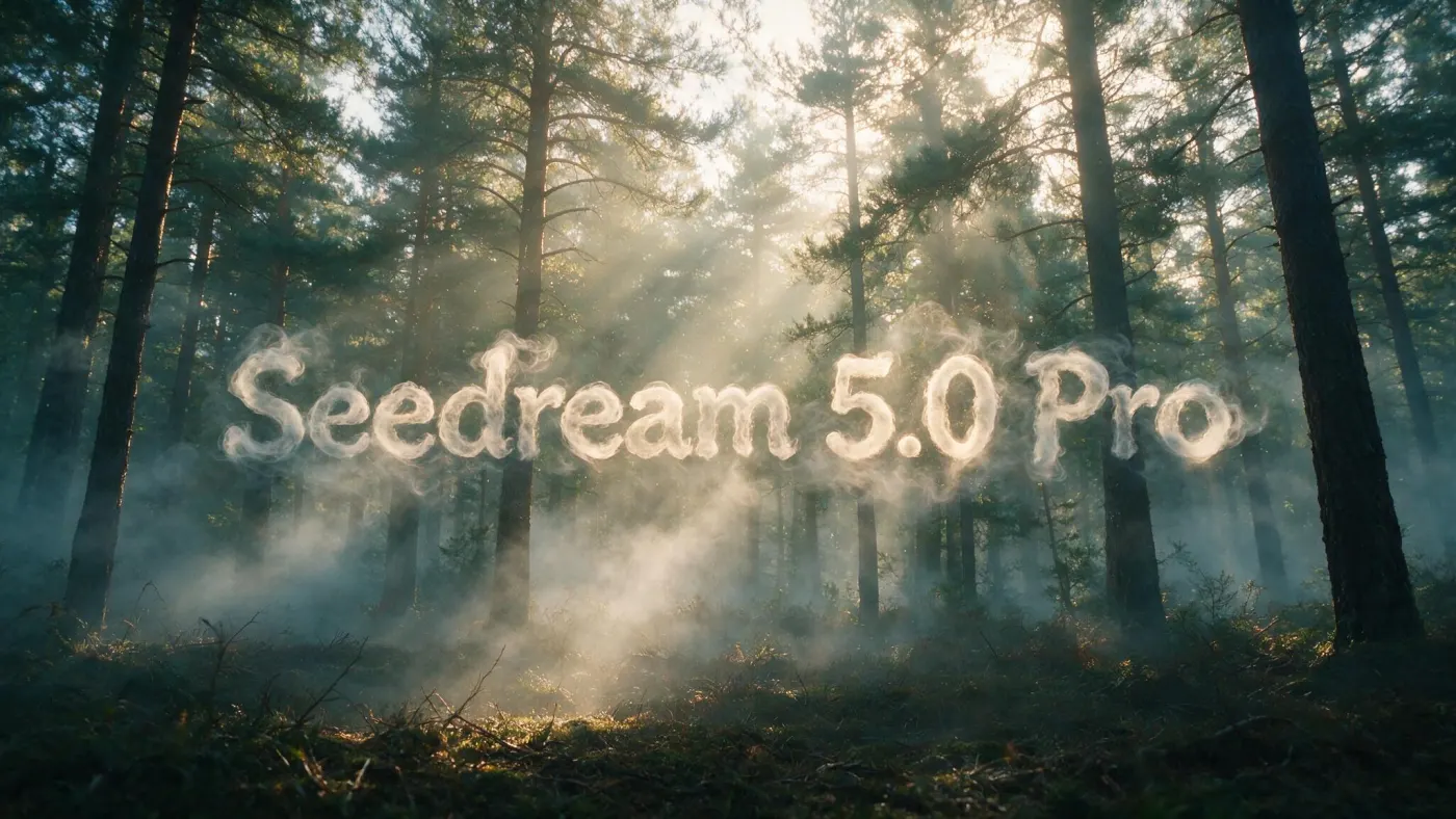 حروف Seedream 5.0 Pro متشكّلة من ضباب متحرك في غابة صنوبر مشمسة