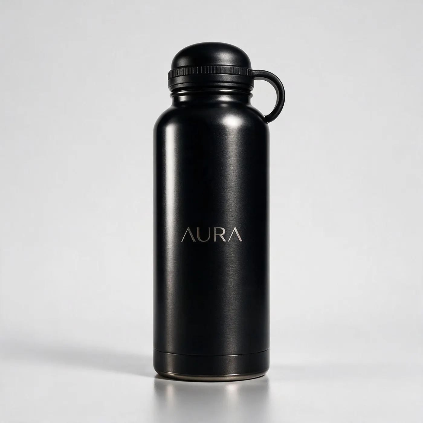 صورة منتج لزجاجة ماء من الفولاذ المقاوم للصدأ بلون أسود مطفأ مع نقش ليزري AURA