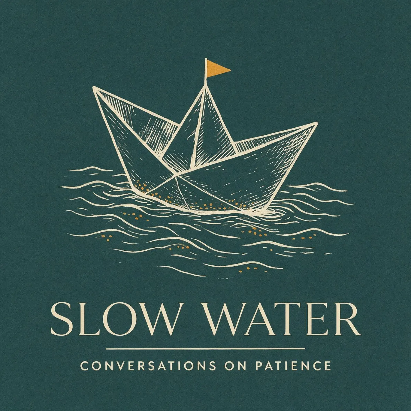 غلاف بودكاست يحمل عبارة SLOW WATER مع رسم توضيحي لقارب ورقي